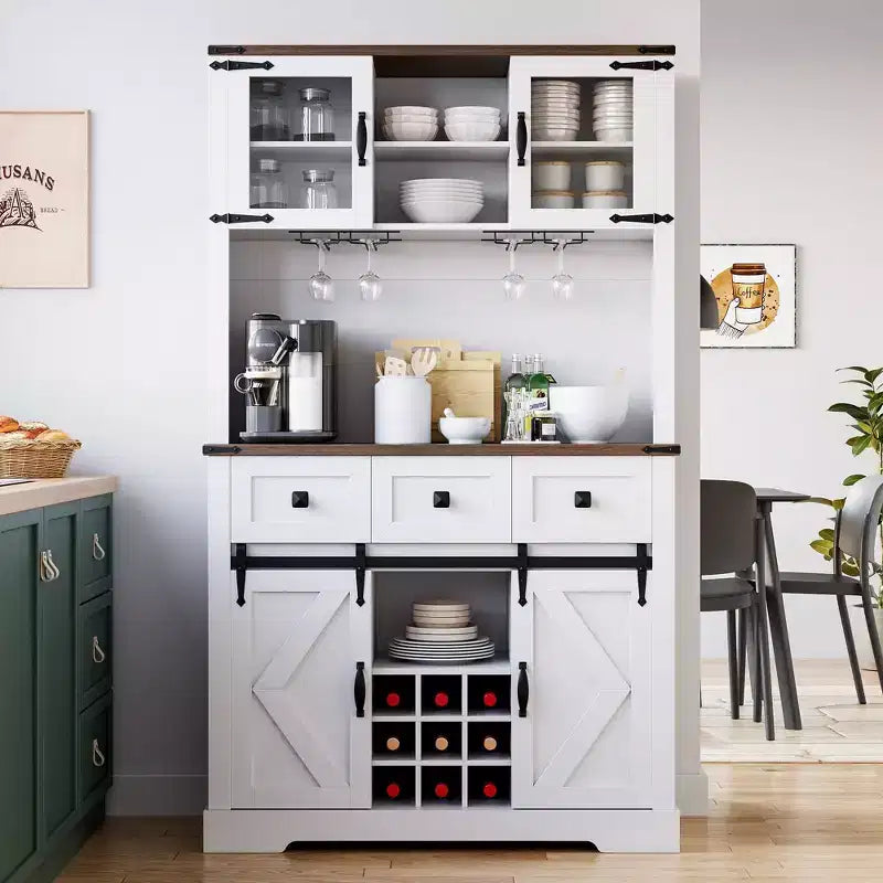 Meuble de rangement haut de cuisine de 183 cm, Armoire de cuisine avec porte coulissante de style grange, Buffet avec support pour micro-ondes et 3 tiroirs