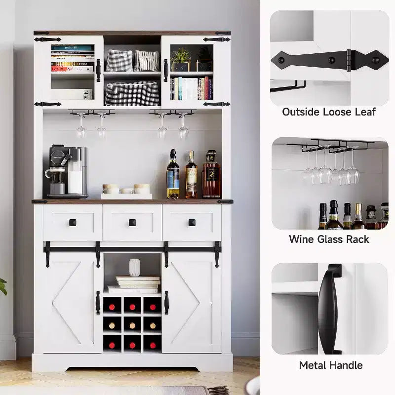 Meuble de rangement haut de cuisine de 183 cm, Armoire de cuisine avec porte coulissante de style grange, Buffet avec support pour micro-ondes et 3 tiroirs