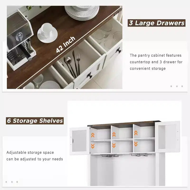 Meuble de rangement haut de cuisine de 183 cm, Armoire de cuisine avec porte coulissante de style grange, Buffet avec support pour micro-ondes et 3 tiroirs