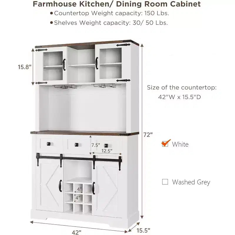 Meuble de rangement haut de cuisine de 183 cm, Armoire de cuisine avec porte coulissante de style grange, Buffet avec support pour micro-ondes et 3 tiroirs