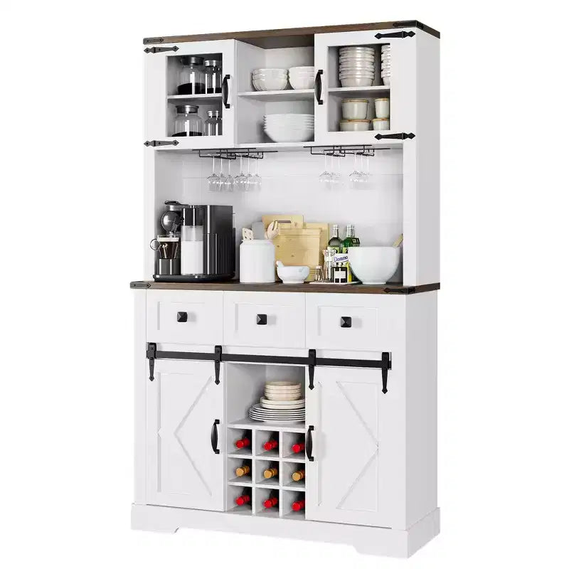 Meuble de rangement haut de cuisine de 183 cm, Armoire de cuisine avec porte coulissante de style grange, Buffet avec support pour micro-ondes et 3 tiroirs