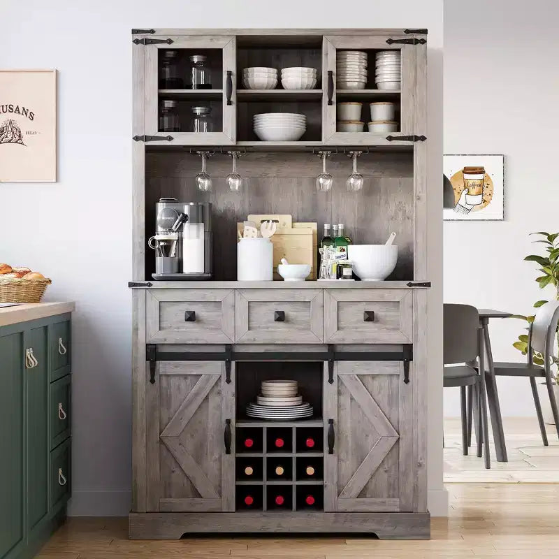Meuble de rangement haut de cuisine de 183 cm, Armoire de cuisine avec porte coulissante de style grange, Buffet avec support pour micro-ondes et 3 tiroirs