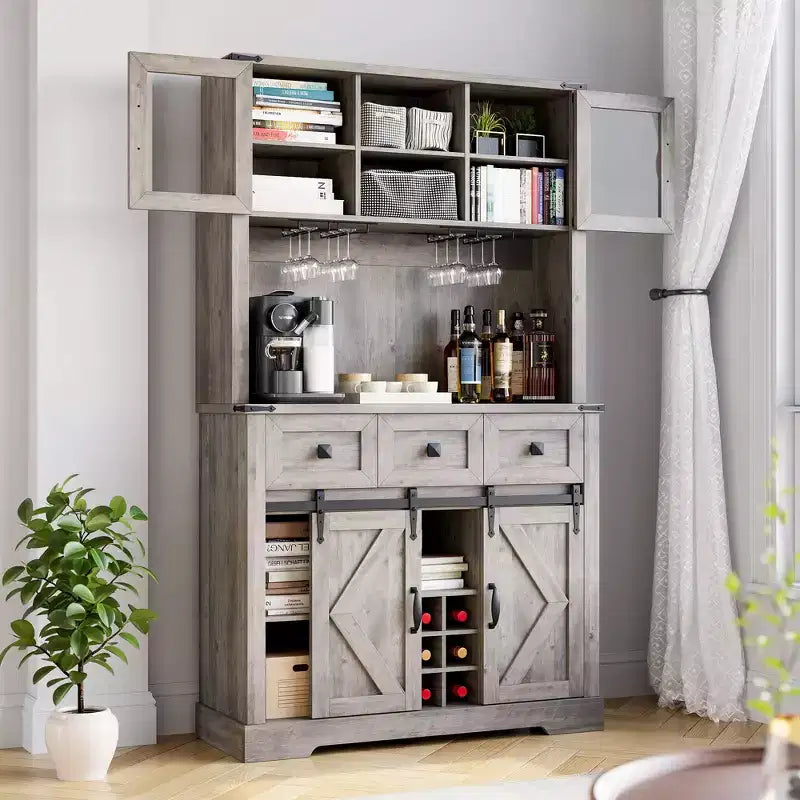 Meuble de rangement haut de cuisine de 183 cm, Armoire de cuisine avec porte coulissante de style grange, Buffet avec support pour micro-ondes et 3 tiroirs