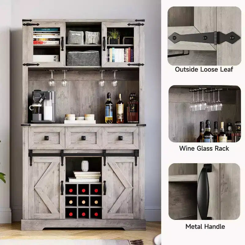 Meuble de rangement haut de cuisine de 183 cm, Armoire de cuisine avec porte coulissante de style grange, Buffet avec support pour micro-ondes et 3 tiroirs