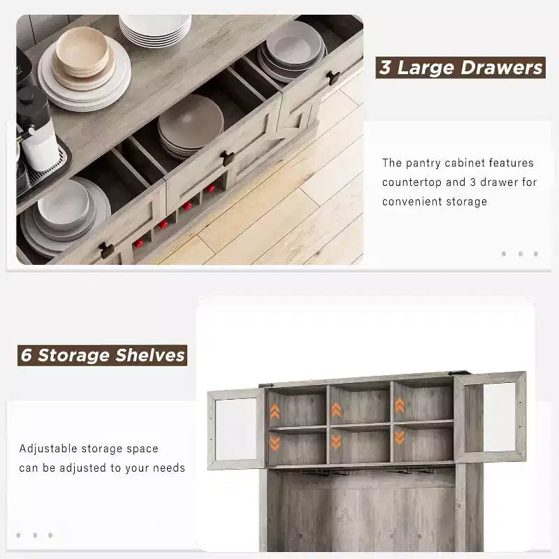 Meuble de rangement haut de cuisine de 183 cm, Armoire de cuisine avec porte coulissante de style grange, Buffet avec support pour micro-ondes et 3 tiroirs