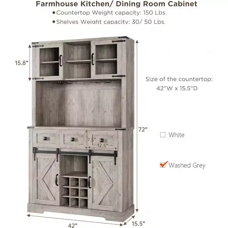 Meuble de rangement haut de cuisine de 183 cm, Armoire de cuisine avec porte coulissante de style grange, Buffet avec support pour micro-ondes et 3 tiroirs