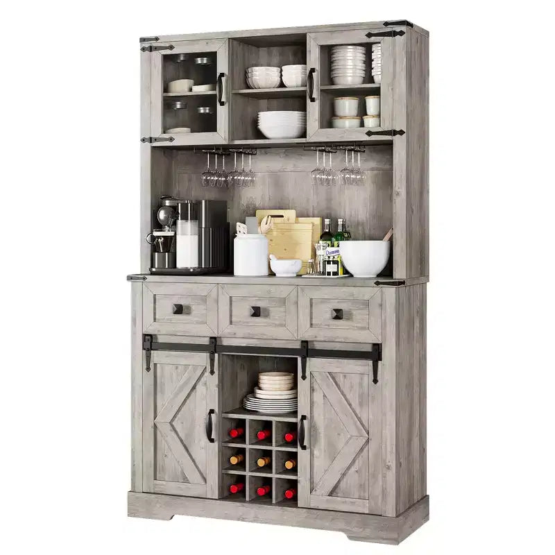 Meuble de rangement haut de cuisine de 183 cm, Armoire de cuisine avec porte coulissante de style grange, Buffet avec support pour micro-ondes et 3 tiroirs