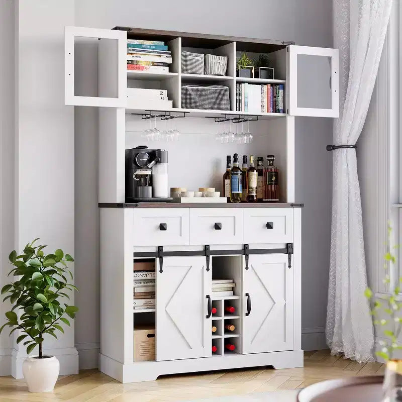 Meuble de rangement haut de cuisine de 183 cm, Armoire de cuisine avec porte coulissante de style grange, Buffet avec support pour micro-ondes et 3 tiroirs