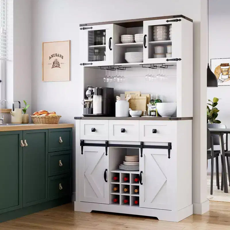 Meuble de rangement haut de cuisine de 183 cm, Armoire de cuisine avec porte coulissante de style grange, Buffet avec support pour micro-ondes et 3 tiroirs