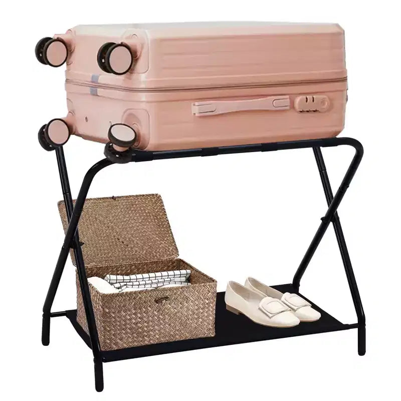 Kings Brand Furniture Simone Folding Luggage Rack, Stylish Suitcase Stand With Storage Shelf, Black