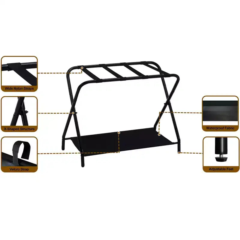 Porte-bagages pliable, support de valise élégant avec étagère de rangement, noir