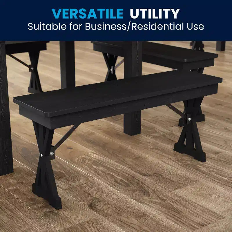 Banc de ferme pliant commercial en pin massif antique de 40 x 12 pouces, noir délavé, avec pieds en X pliables et verrouillables