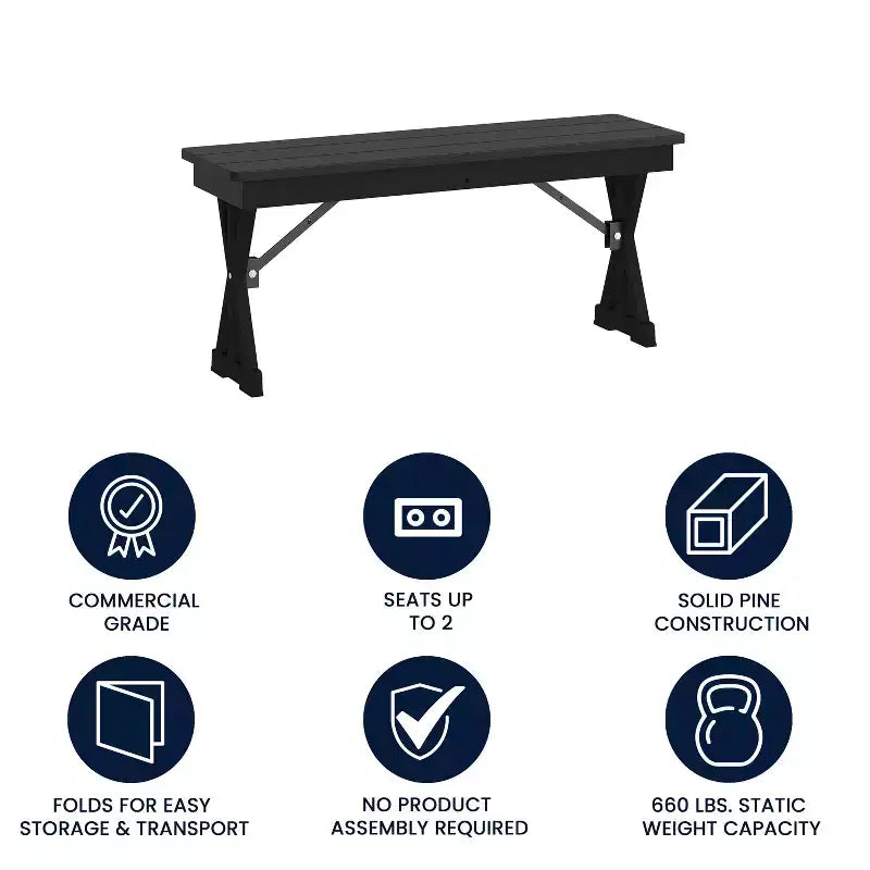 Banc de ferme pliant commercial en pin massif antique de 40 x 12 pouces, noir délavé, avec pieds en X pliables et verrouillables