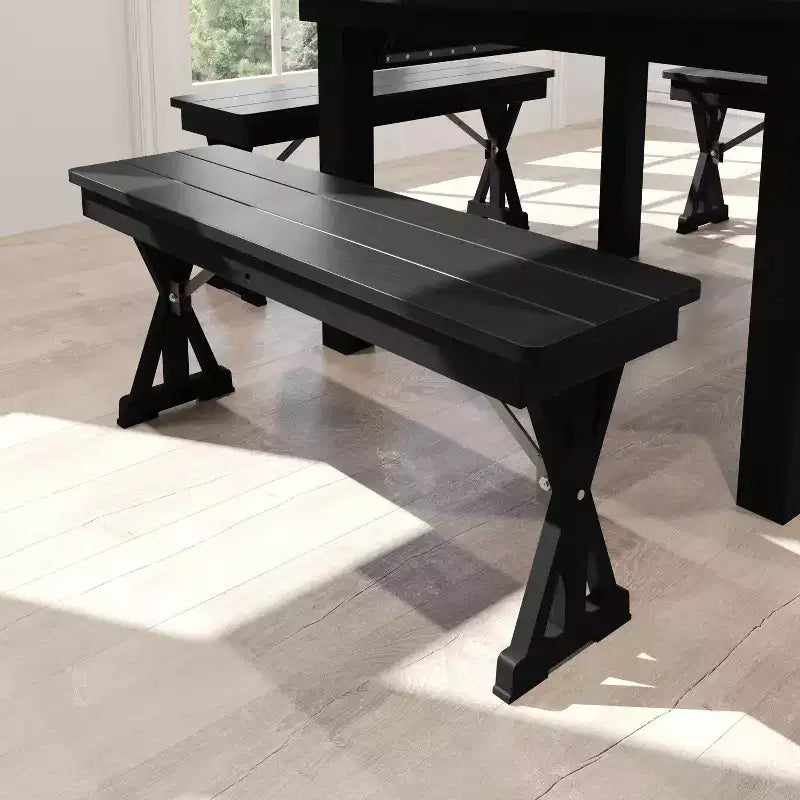 Banc de ferme pliant commercial en pin massif antique de 40 x 12 pouces, noir délavé, avec pieds en X pliables et verrouillables