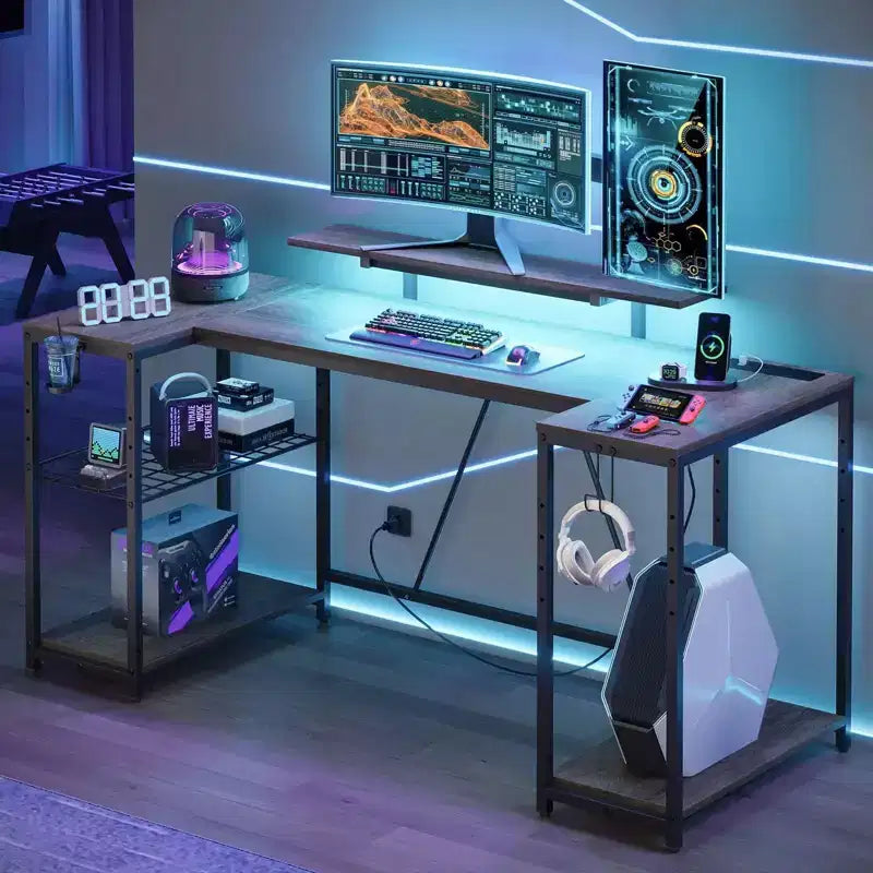 Bureau de jeu en U Bestier 63 pouces avec LED et prises de courant