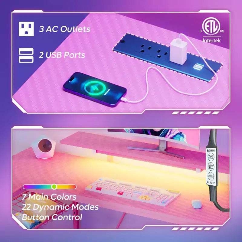 Bureau de jeu en U Bestier 63 pouces avec LED et prises de courant