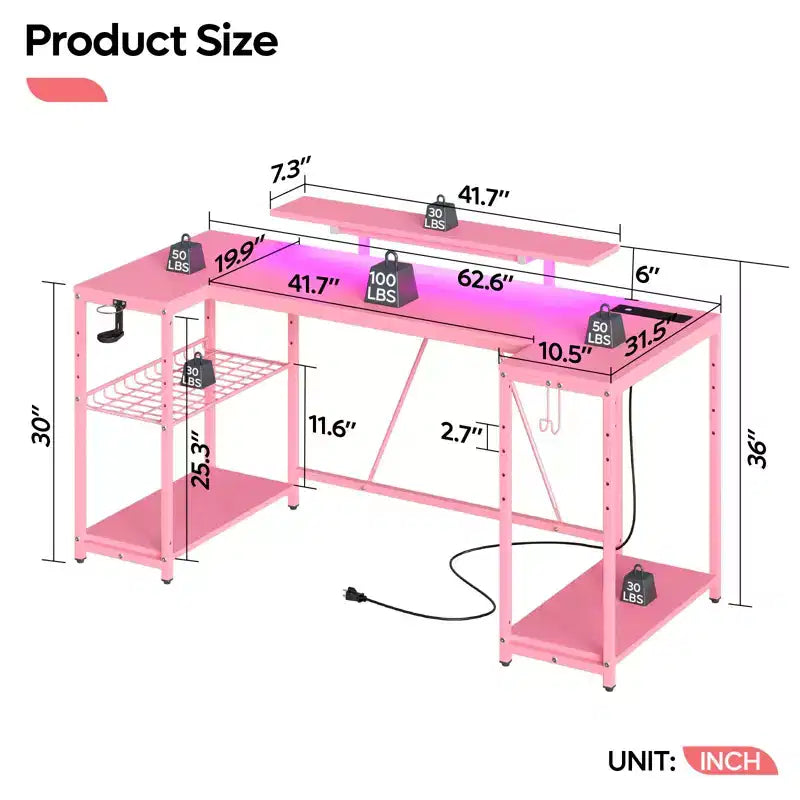 Bureau de jeu en U Bestier 63 pouces avec LED et prises de courant
