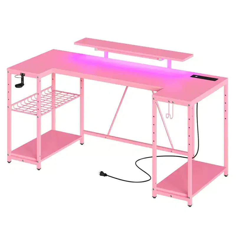 Bureau de jeu en U Bestier 63 pouces avec LED et prises de courant