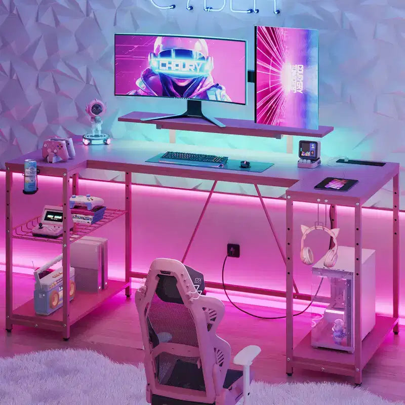 Bureau de jeu en U Bestier 63 pouces avec LED et prises de courant