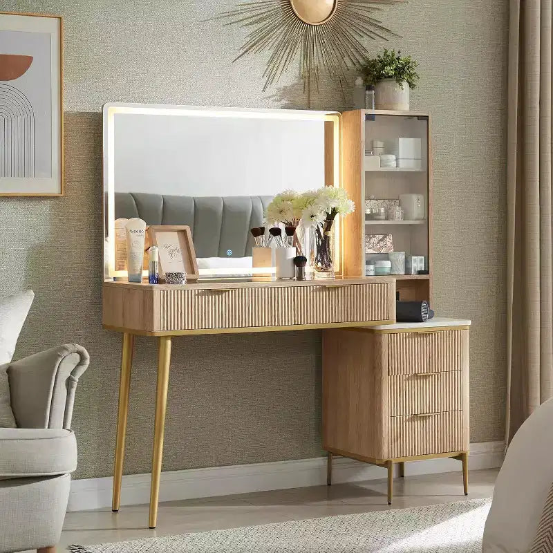 Fluted Makeup Vanity Tables with 36 HD Lighted Mirror, 48 Big Modern Vanity Desk with Glass Top & 5 Drawers & Shelves, Dressing Table