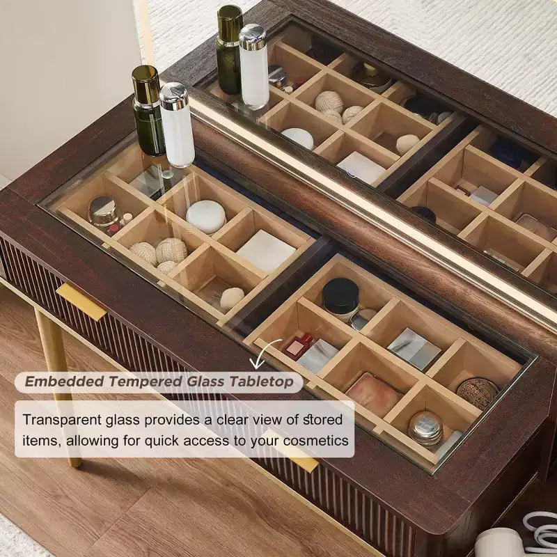 Coiffeuses cannelées avec miroir lumineux HD 36", grande coiffeuse moderne 48" avec plateau en verre, 5 tiroirs et étagères, table de maquillage