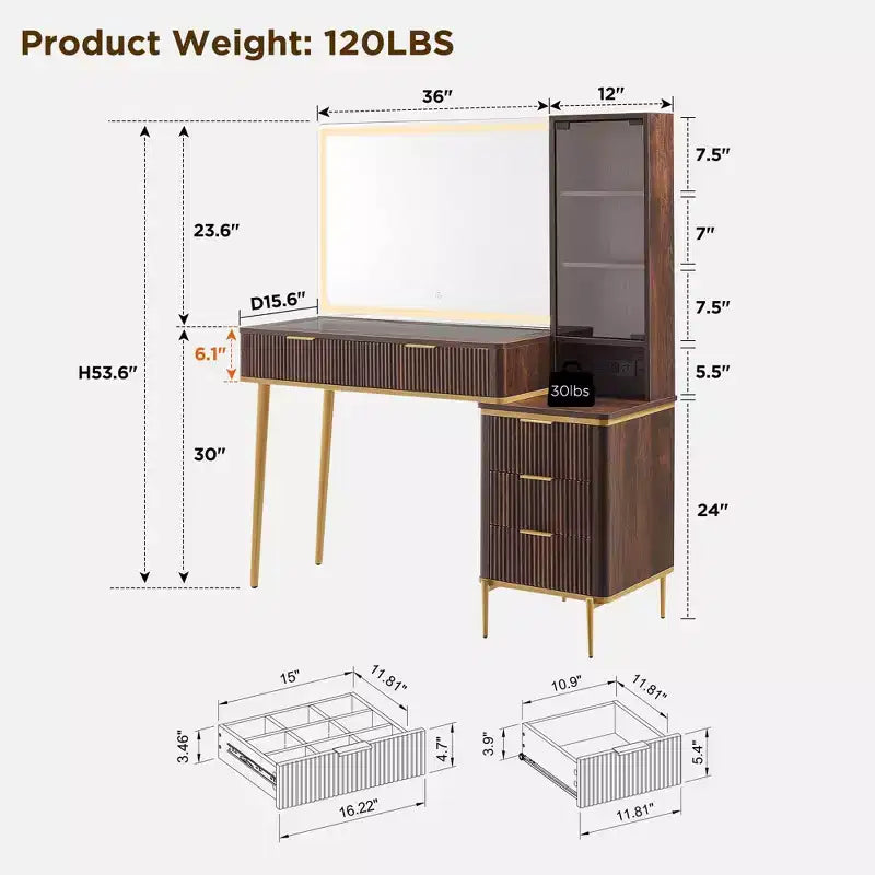 Coiffeuses cannelées avec miroir lumineux HD 36", grande coiffeuse moderne 48" avec plateau en verre, 5 tiroirs et étagères, table de maquillage