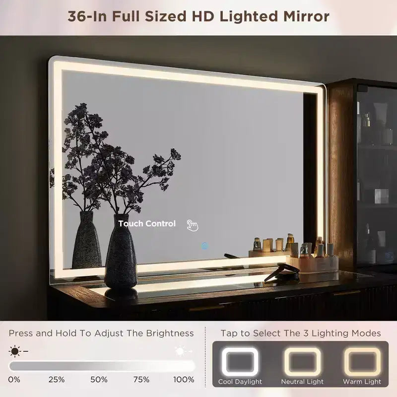 Coiffeuses cannelées avec miroir lumineux HD 36", grande coiffeuse moderne 48" avec plateau en verre, 5 tiroirs et étagères, table de maquillage
