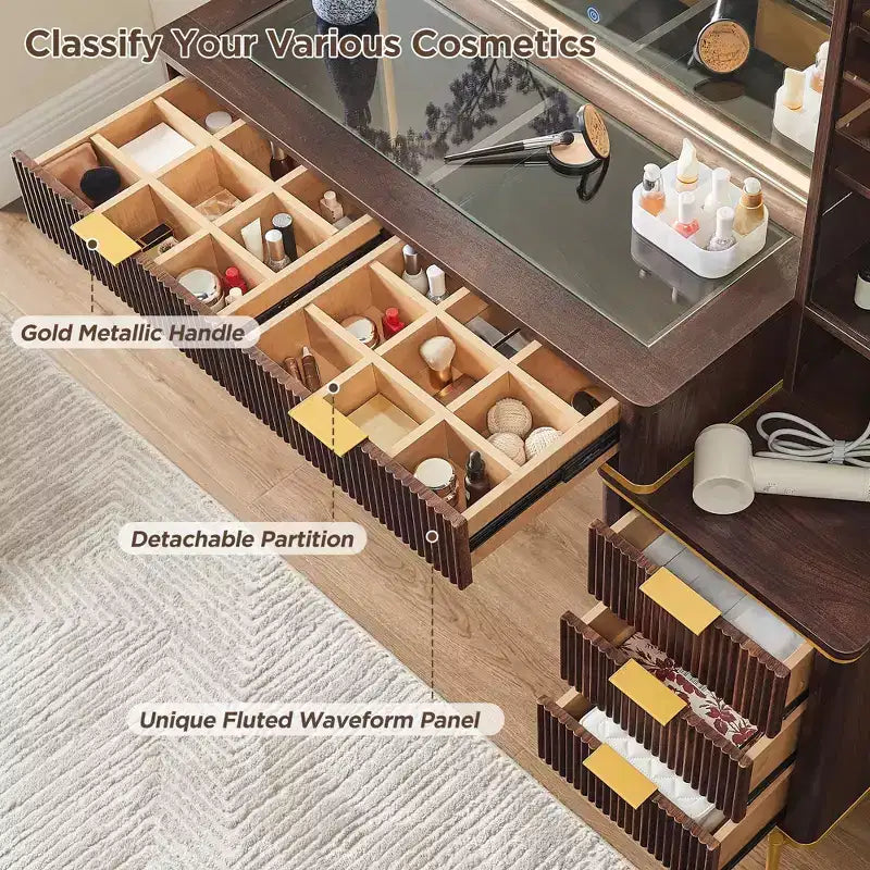 Coiffeuses cannelées avec miroir lumineux HD 36", grande coiffeuse moderne 48" avec plateau en verre, 5 tiroirs et étagères, table de maquillage