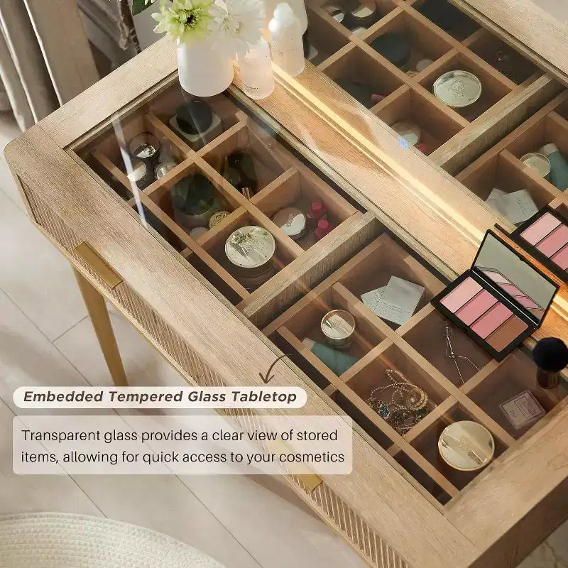 Coiffeuses cannelées avec miroir lumineux HD 36", grande coiffeuse moderne 48" avec plateau en verre, 5 tiroirs et étagères, table de maquillage