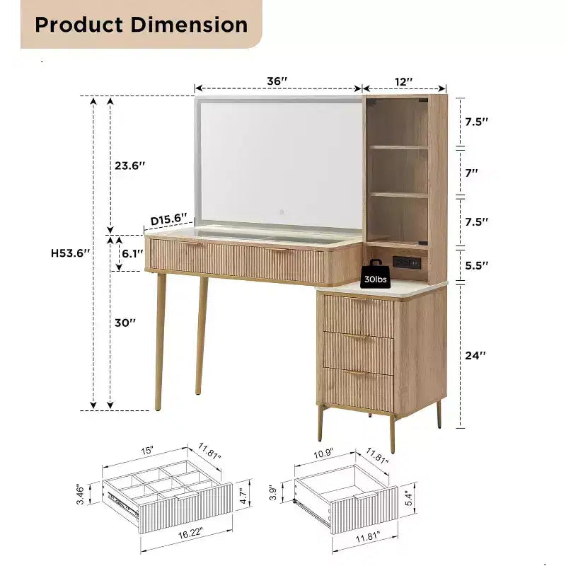 Coiffeuses cannelées avec miroir lumineux HD 36", grande coiffeuse moderne 48" avec plateau en verre, 5 tiroirs et étagères, table de maquillage