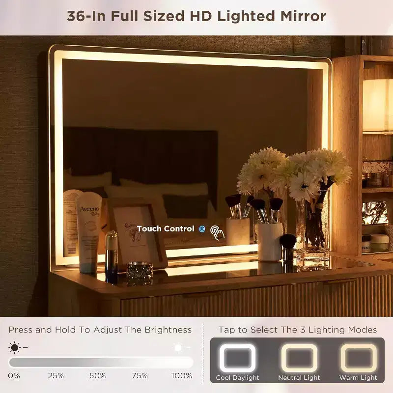 Coiffeuses cannelées avec miroir lumineux HD 36", grande coiffeuse moderne 48" avec plateau en verre, 5 tiroirs et étagères, table de maquillage
