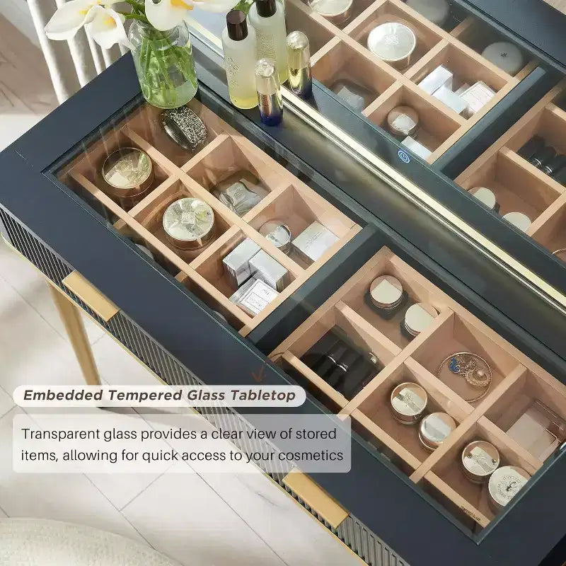 Coiffeuses cannelées avec miroir lumineux HD 36", grande coiffeuse moderne 48" avec plateau en verre, 5 tiroirs et étagères, table de maquillage