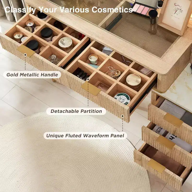 Coiffeuses cannelées avec miroir lumineux HD 36", grande coiffeuse moderne 48" avec plateau en verre, 5 tiroirs et étagères, table de maquillage