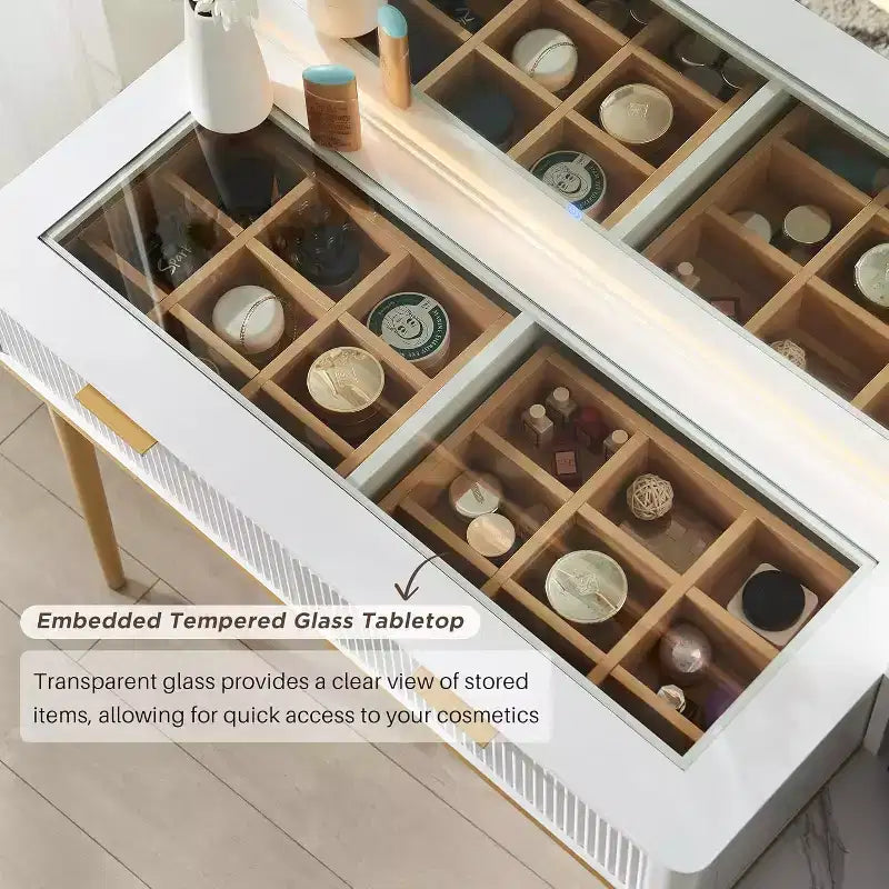 Coiffeuses cannelées avec miroir lumineux HD 36", grande coiffeuse moderne 48" avec plateau en verre, 5 tiroirs et étagères, table de maquillage