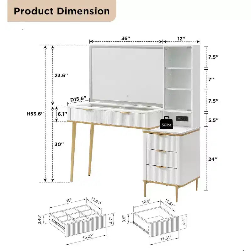 Coiffeuses cannelées avec miroir lumineux HD 36", grande coiffeuse moderne 48" avec plateau en verre, 5 tiroirs et étagères, table de maquillage