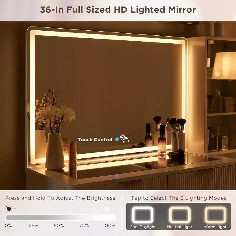 Coiffeuses cannelées avec miroir lumineux HD 36", grande coiffeuse moderne 48" avec plateau en verre, 5 tiroirs et étagères, table de maquillage