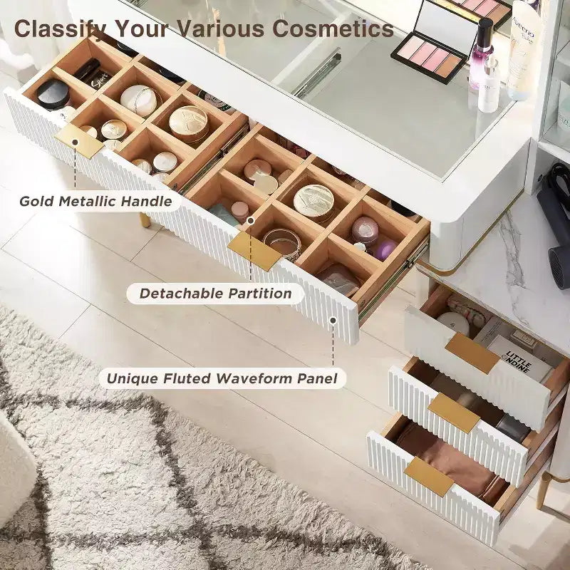 Coiffeuses cannelées avec miroir lumineux HD 36", grande coiffeuse moderne 48" avec plateau en verre, 5 tiroirs et étagères, table de maquillage