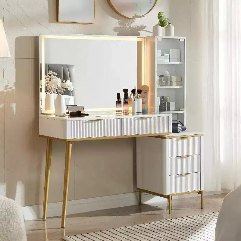 Coiffeuses cannelées avec miroir lumineux HD 36", grande coiffeuse moderne 48" avec plateau en verre, 5 tiroirs et étagères, table de maquillage