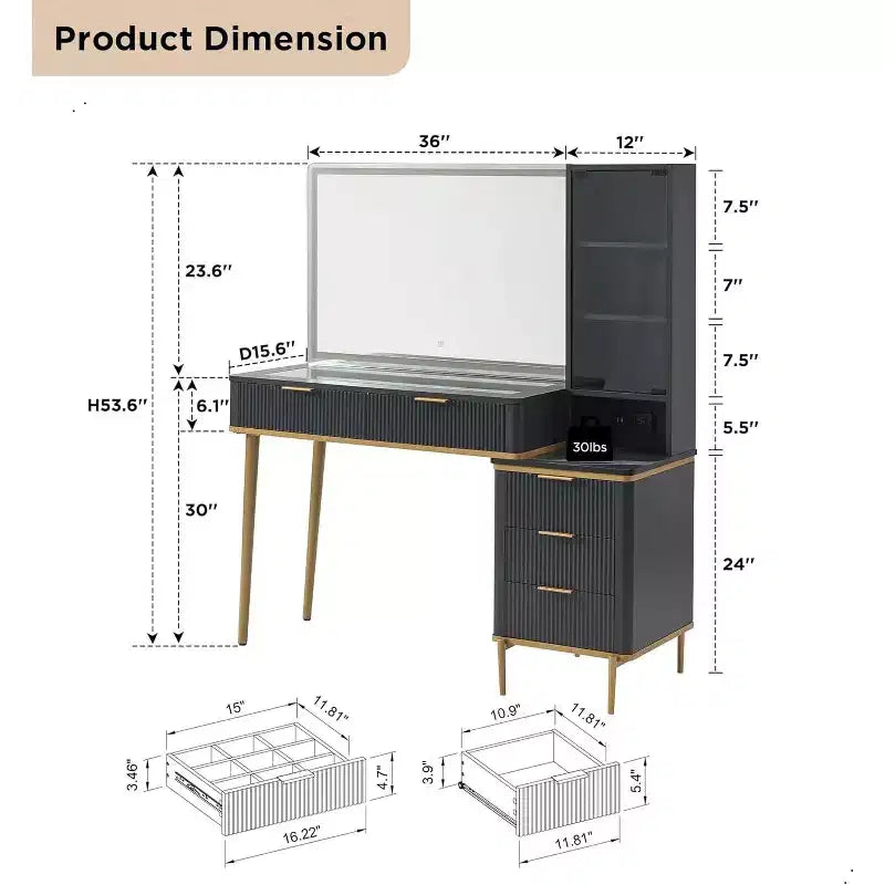 Coiffeuses cannelées avec miroir lumineux HD 36", grande coiffeuse moderne 48" avec plateau en verre, 5 tiroirs et étagères, table de maquillage