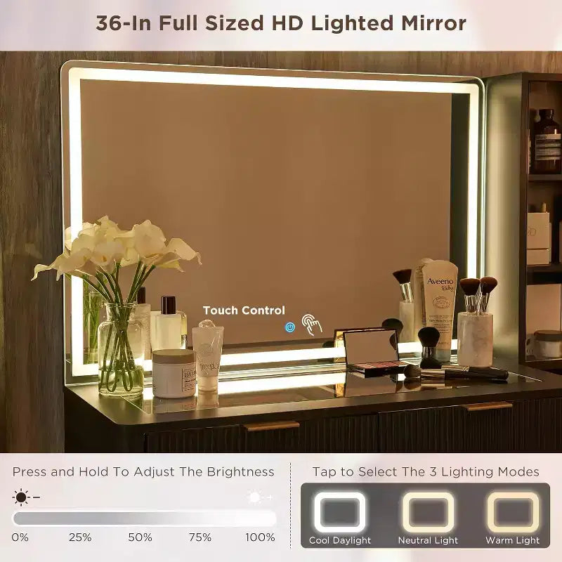 Coiffeuses cannelées avec miroir lumineux HD 36", grande coiffeuse moderne 48" avec plateau en verre, 5 tiroirs et étagères, table de maquillage