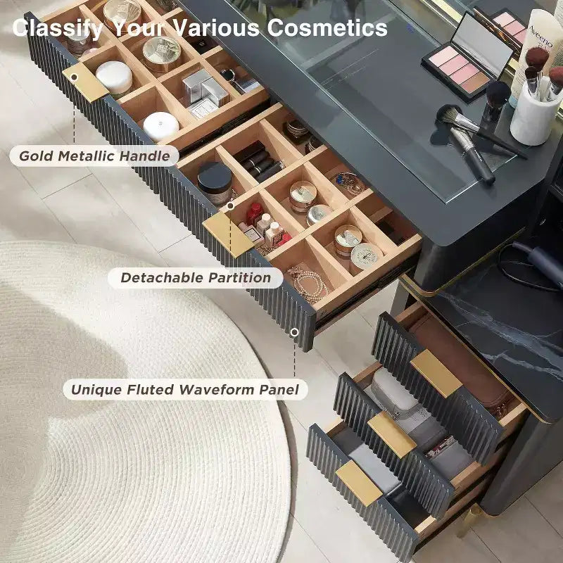 Coiffeuses cannelées avec miroir lumineux HD 36", grande coiffeuse moderne 48" avec plateau en verre, 5 tiroirs et étagères, table de maquillage