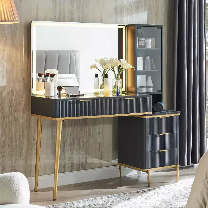 Coiffeuses cannelées avec miroir lumineux HD 36", grande coiffeuse moderne 48" avec plateau en verre, 5 tiroirs et étagères, table de maquillage