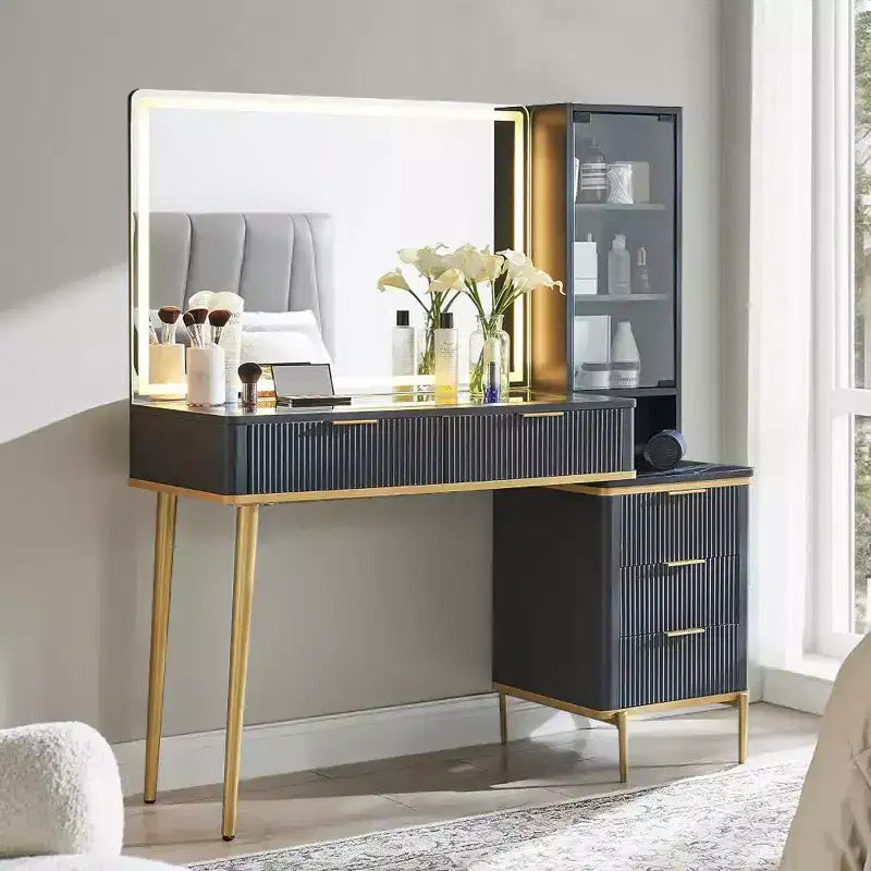 Coiffeuses cannelées avec miroir lumineux HD 36", grande coiffeuse moderne 48" avec plateau en verre, 5 tiroirs et étagères, table de maquillage