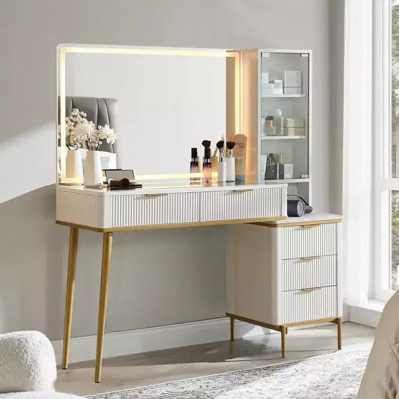 Coiffeuses cannelées avec miroir lumineux HD 36", grande coiffeuse moderne 48" avec plateau en verre, 5 tiroirs et étagères, table de maquillage