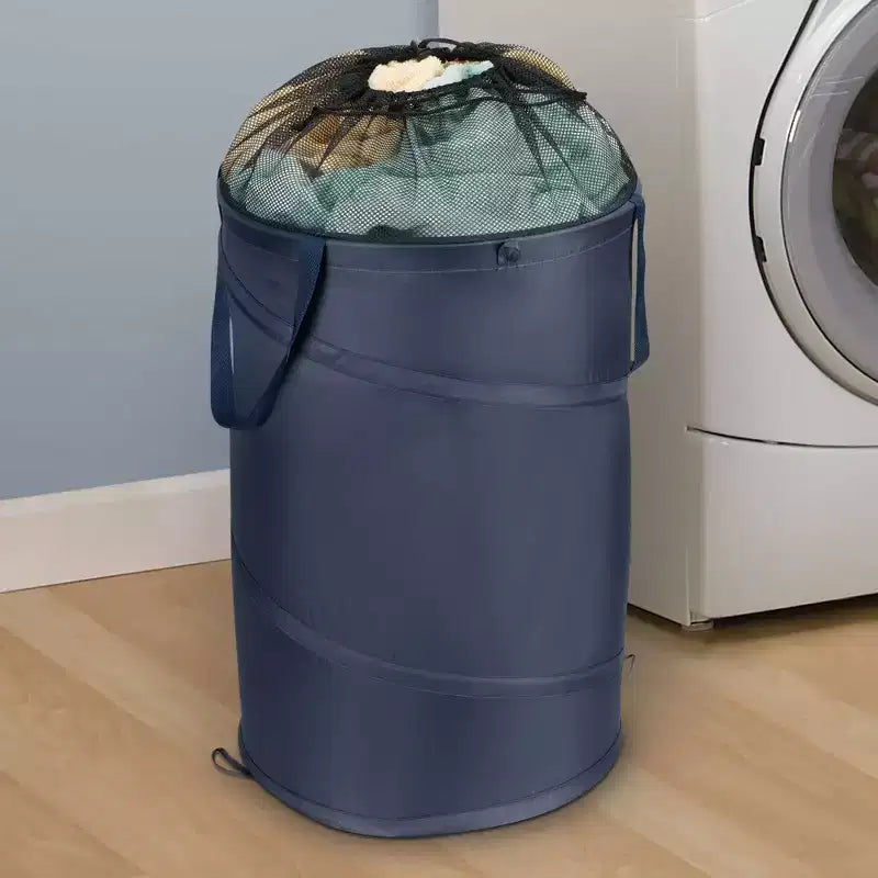 Panier à linge escamotable en filet, dessus en filet avec cordon de serrage, 2 poignées robustes, bleu marine