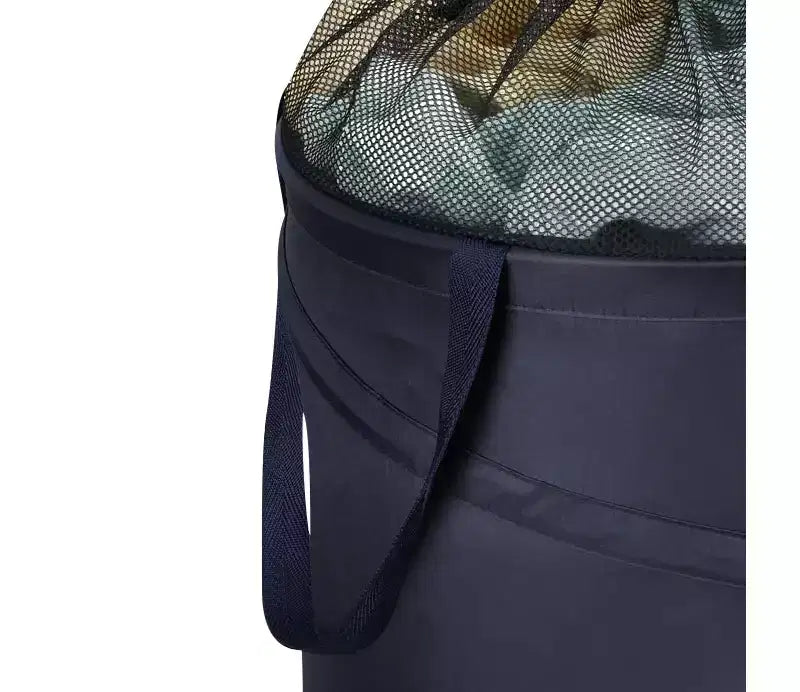 Panier à linge escamotable en filet, dessus en filet avec cordon de serrage, 2 poignées robustes, bleu marine