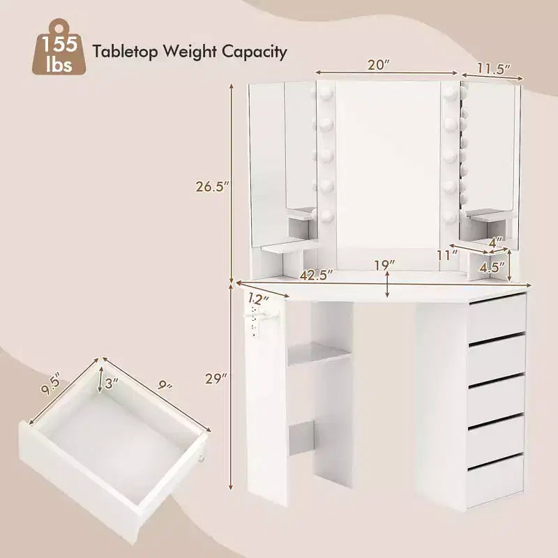 Coiffeuse d'angle, meuble-lavabo avec miroir LED et prises de courant noir/blanc