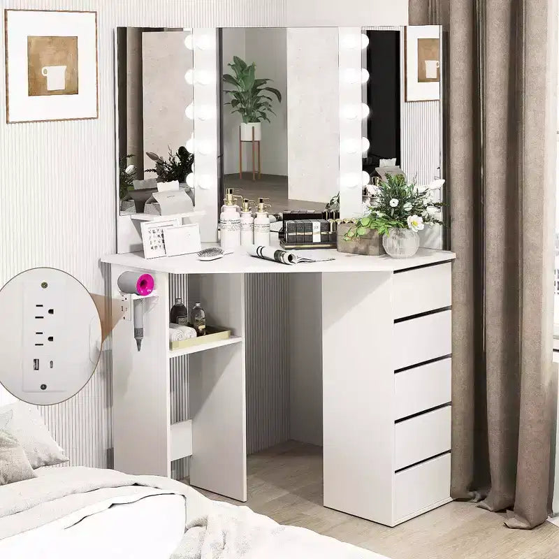 Coiffeuse d'angle, meuble-lavabo avec miroir LED et prises de courant noir/blanc