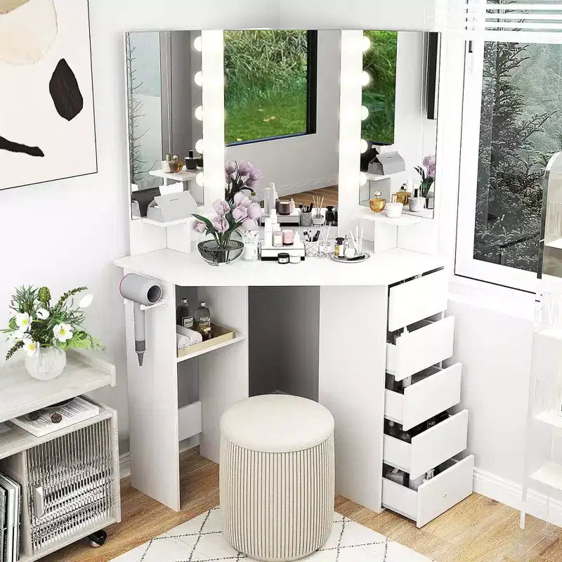 Coiffeuse d'angle, meuble-lavabo avec miroir LED et prises de courant noir/blanc