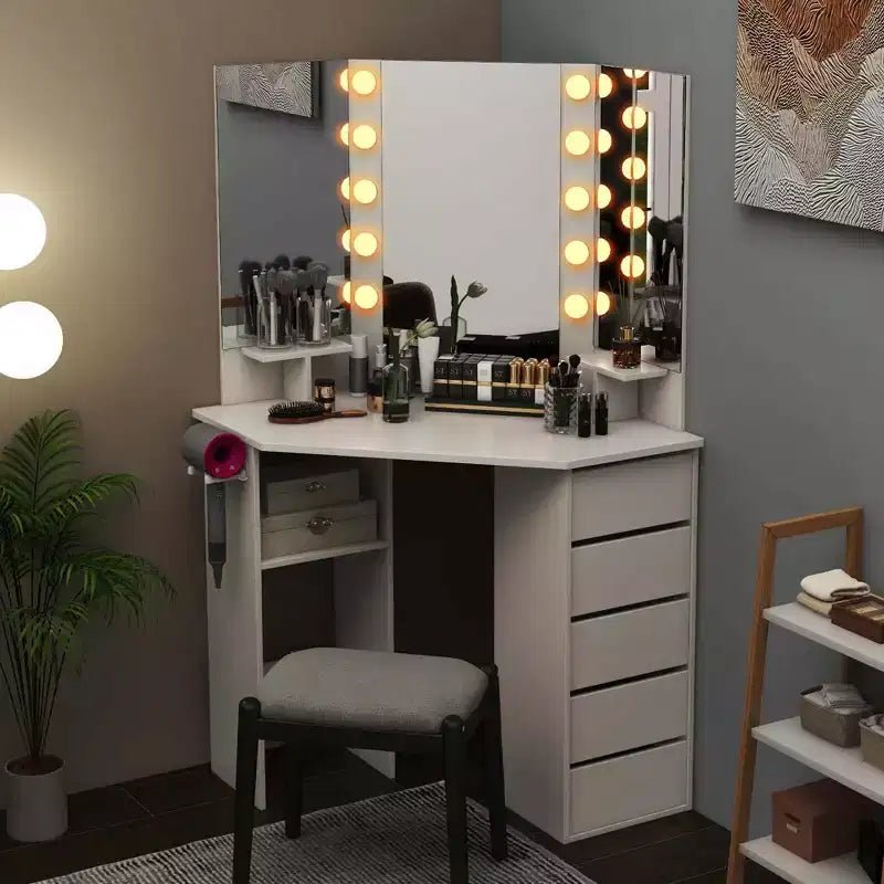 Coiffeuse d'angle, meuble-lavabo avec miroir LED et prises de courant noir/blanc